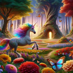 Magical Unicorn in Lush Meadow with Flowers and Forest Maze