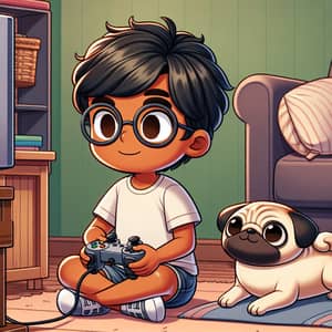 Brown-Skinned Boy Gaming with Pug in Cozy Room