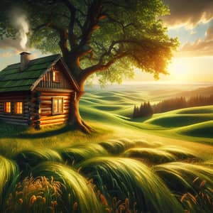 Tranquil Meadow and Cozy Cabin at Sunset