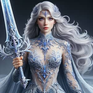 Elegant Warrior Woman in Icy Blues and Silvers with Crystalline Greatsword