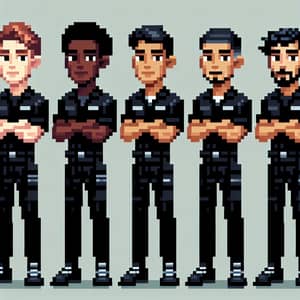 Pixel Art Image of 5 Male Workers in Black Outfits