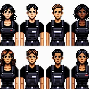 Pixel Art Workers: Diverse Group in Black Attire