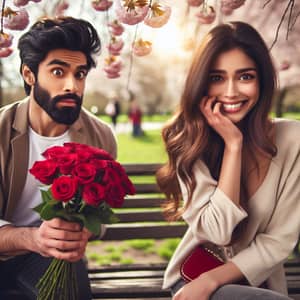 Romantic Gesture: Asian Man Woos Hispanic Woman with Red Roses