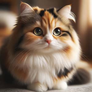 Calico Cat with Soft, Fluffy Fur and Bright Green Eyes