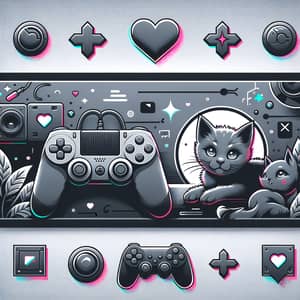 Minimalistic Grey Banner with Gamepads, Kittens, and Hearts