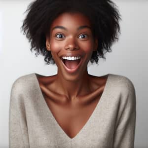 Surprised African American Woman in Cozy V-Neck Cashmere Sweater