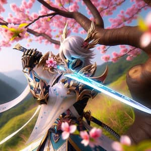 Fantasy Game-Inspired Samurai Character Drawing Sword under Sakura Tree