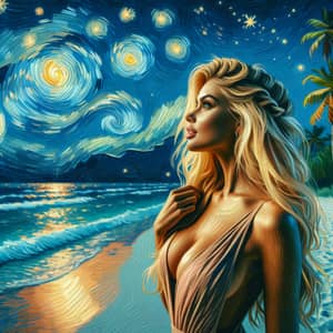 Starry Night Beach Art: Enchanting Blonde Woman under Twinkling Sky