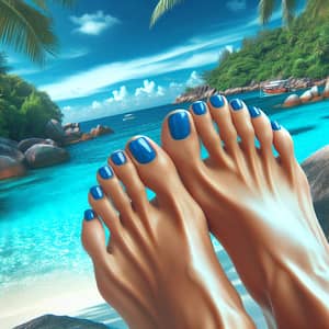 Tropical Beach Woman Feet in Blue Nails - Relaxing Scene