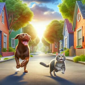 Dynamic Dog Chase in Suburban Sunset Scene