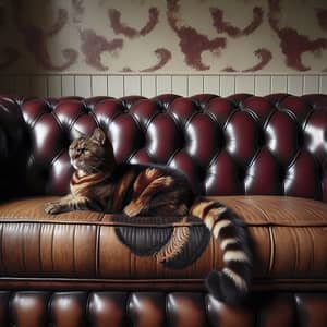Tabby Cat on Chesterfield Couch with Sophistication and Elegance