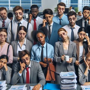 Diverse Bankers Facing Exhaustion in Stressful Office Environment