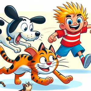 Playful Spotted Dog Chasing a Ginger Cat and Cartoon Boy Smiling
