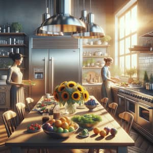 Captivating Kitchen Scene with Refrigerator, Sunflowers, and Sunlight