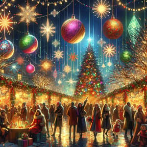 Festive Holiday Scene with Twinkling Lights and Joyful People