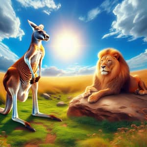 Kangaroo and Lion Coexistence in Natural Scene