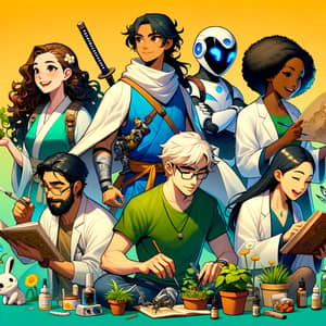 Vibrant Anime-style Scene with Diverse Friends
