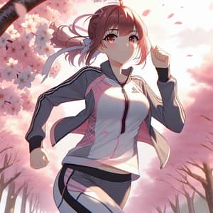 Energetic Japanese Teen Girl Running in Cherry Blossom Park