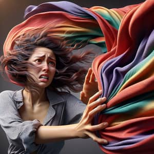 Young Woman Grasping Vibrant Blanket - Photorealistic Scene