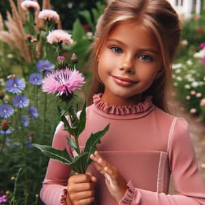Tan Skinned Girl Holding Chicory Flower in Enthusiastic Garden Display