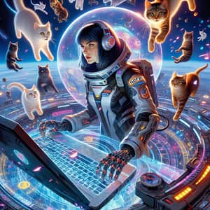 Vibrant Space Odyssey with Slavic Female, Spaceship, and Levitating Felines