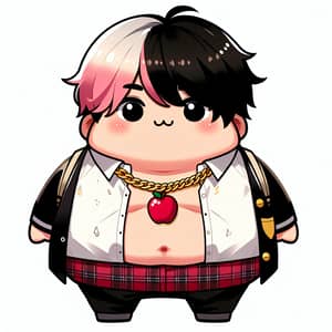Overweight Anime-Style Character in Student Attire with Black & Pink Hair