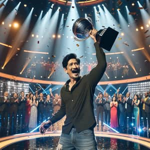 South Asian Man Wins Reality Show Trophy - Jubilant Victory Scene