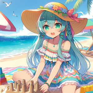 Anime Girl Beach Vacation in Bikini - Colorful Tropical Scene