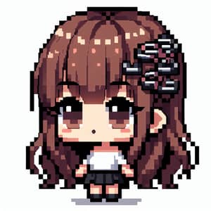 Chibi-Style Pixel Art Girl with Brown Hair & Black Hair Pins