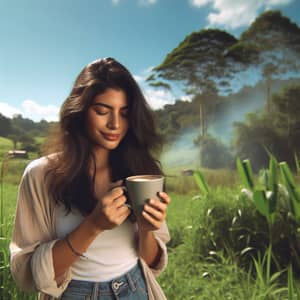 Serene Hispanic Woman Enjoying Coffee in Nature
