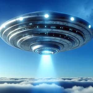 Silvery UFO Hovering in Brilliant Blue Sky