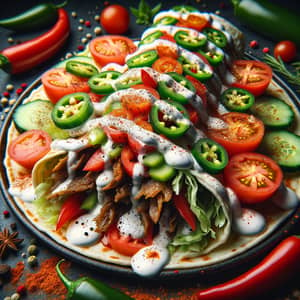 Mexican-Style Shawarma Dish in 4K Resolution | Spicy White Sauce & Fresh Veggies