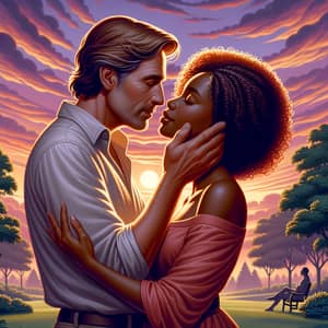 Romantic Sunset Kiss in Park with Caucasian Man and Black Woman