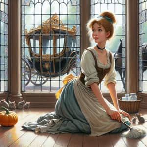 Magical Fairytale Scene: Young Woman with Pumpkin and Mice