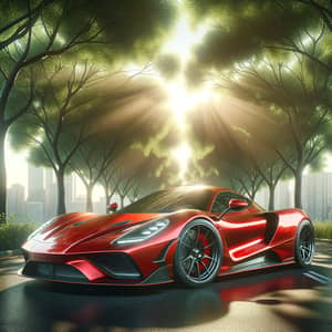 Contemporary Red Sports Car Rendering | City Sunset Background