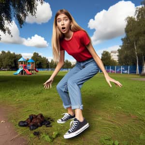 Surprised Girl Steps in Dog Poo at Park