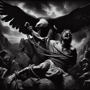 Prometheus in Greek Mythology: Enduring Eagle Assault on Rocky Outcrop