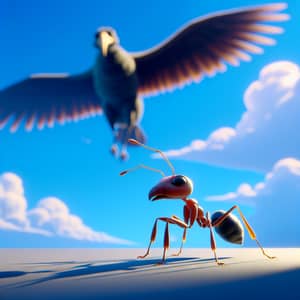 Courageous Wingless Ant Faces Giant Bird in Pixar-Style Image