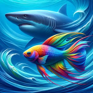 Colorful Fish Swimming in Azure Blue Water with Lurking Shark