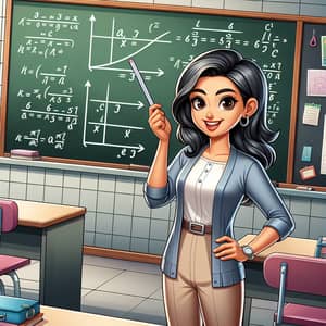 Enthusiastic South Asian Female Math Teacher in Classroom Cartoon
