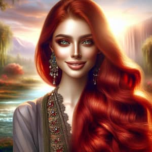Radiant Middle-Eastern Woman with Flowing Red Hair in Tranquil Garden