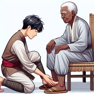 Illustration of Respectful Interaction Between Young Asian and Elderly African Men