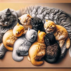 British Long Hair Kittens of Various Colors with Nurturing Mother Cat