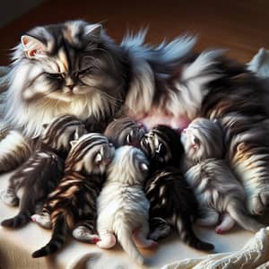 British Long Hair Kittens Nursed by Multi-color Mother Cat