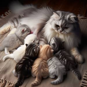 British Long Hair Kittens Enjoying Nourishment from Their Mother