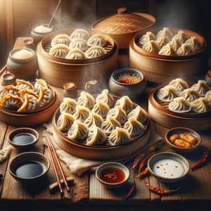 Delicious Dumplings: Steamed & Fried Varieties on Rustic Table