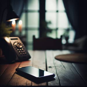 Dark Home Scene: Mobile Phone Ringing on Wooden Table