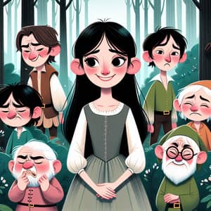 Enchanting Fairytale Scene with Young Woman and Seven Quirky Companions