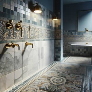 Luxurious Bathroom Design with Blue and White Mosaic Tiles