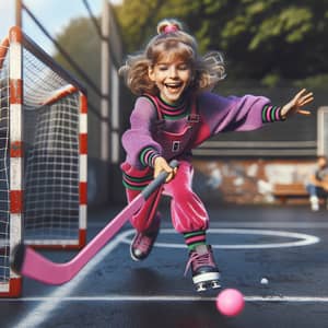 Caucasian Girl Playing Dek Hockey in Pink and Purple Outfit